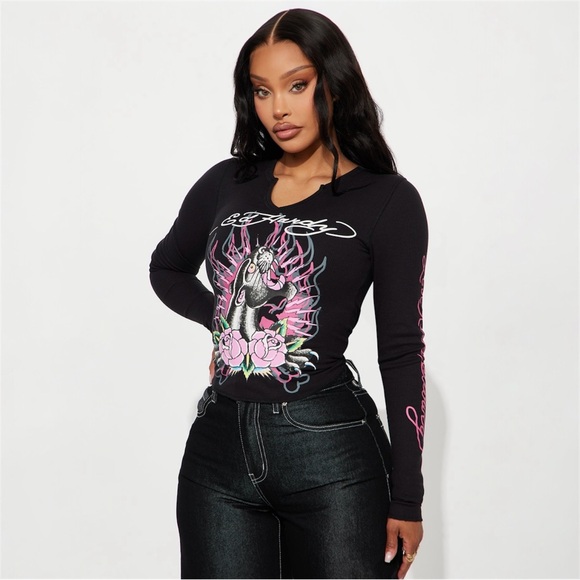 Fashion Nova Tops - Ed Hardy Panther Roses Ribbed Top - Black